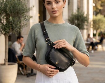 Black Leather Belt Bag for Women, Handmade Fanny Pack, Genuine Leather Hip Bag, Crossbody Waist Bag, Minimalist Festival Bag, Gift for Her