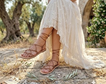 Handmade Brown Leather Greek Sandals, Lace Up Gladiator Sandals for Women, Artisan Summer Flat Sandals, Bohemian Grecian Footwear, Vacation