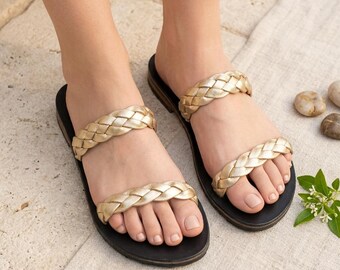 Handmade Gold Braided Leather Sandals for Women with Black Leather Sole