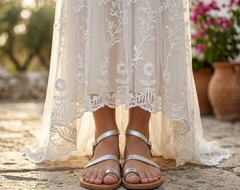 Handmade Silver Bridal Sandals, Elegant Toe Ring Sandals, Wedding Shoes for Bride, Greek Leather Flats, Metallic Summer Sandals, Minimal Wed