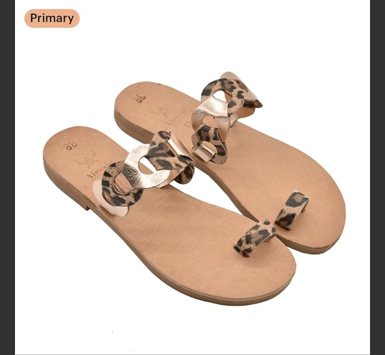 Handmade Metallic Leather Toe Ring Sandals, Two Tone Greek Slides, Bicolor Leather Flats, Minimalist Summer Sandals for Women, Comfort image 5