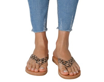 Leopard Leather Sandals/Leather Sole/Sandales semelle cuir femme
