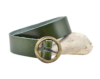 Green Leather Belt With Bucles For Women/Classic Trouser Belt From Cowhide Leather