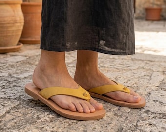 Handmade Mustard Yellow Leather Flip Flops | Ancient Greek Thong Sandals | Breathable Leather Sole Flats |Leather Summer Slides