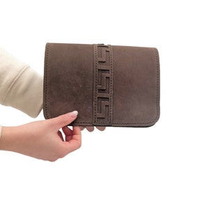 Brown Crossbody Leather Bag/Shoulder Bags With Greek Key/Meander Print/Leather Handbag Made In Greece/Infinity Symbol