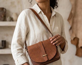 Sac en cuir tressé marron vintage, sac à bandoulière, sac à main en cuir véritable, petit sac en cuir pratique, cadeau classique pour femme