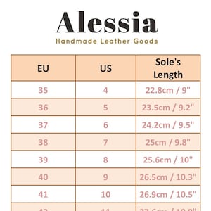 May include: A chart from Alessia Handmade Leather Goods, displaying shoe size conversions. It includes EU sizes from 35 to 45, corresponding US sizes, and sole lengths in both centimeters and inches. The logo features a stylized gold letter A.