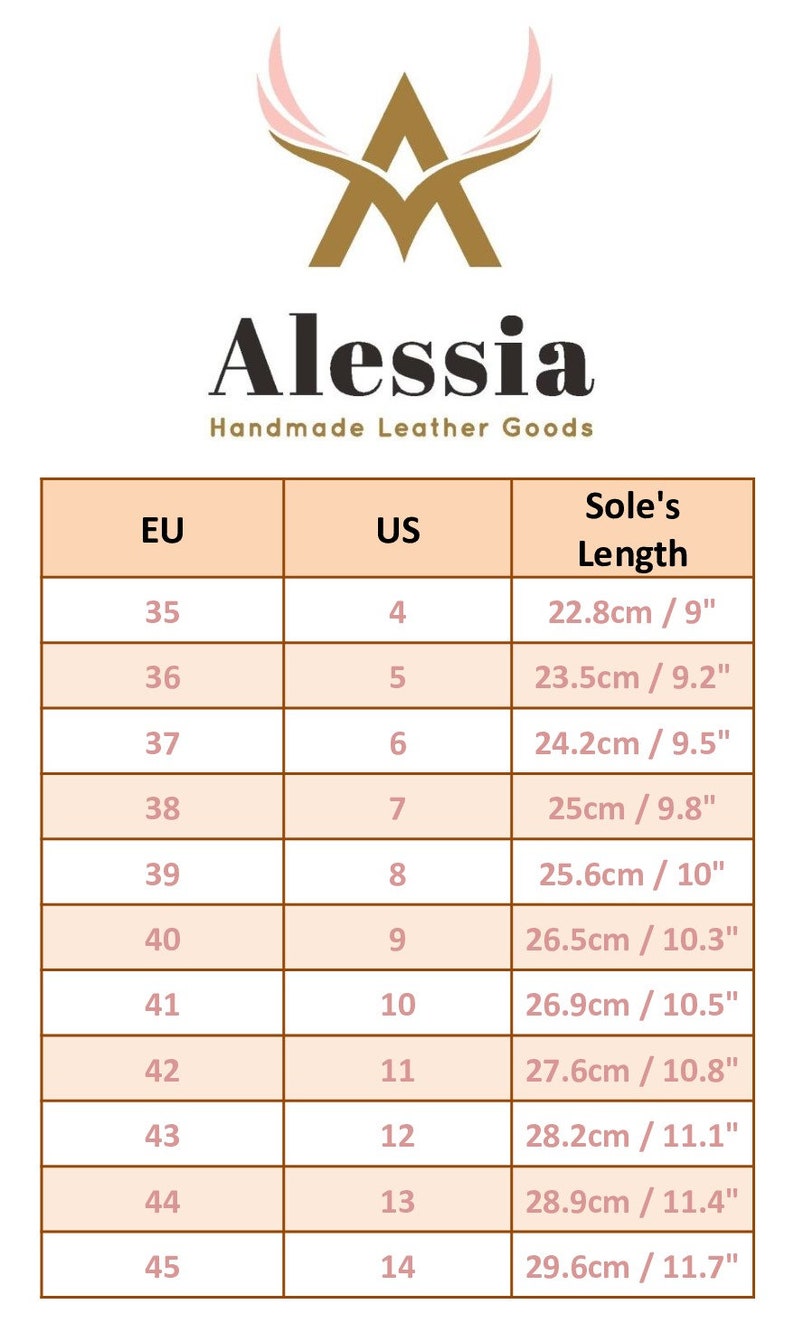 May include: A chart from Alessia Handmade Leather Goods, displaying shoe size conversions. It includes EU sizes from 35 to 45, corresponding US sizes, and sole lengths in both centimeters and inches. The logo features a stylized gold letter A.