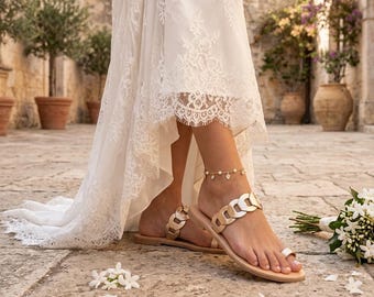 Gouden leren sandalen met ketting en teenring - Handgemaakte Griekse sandalen - Gevlochten schakelbandslippers - Platte zomerschoenen in oude Griekse stijl