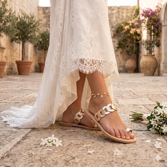 white and gold dress sandals Leather Chain – Handmade Greek Toe-ring Slides, Braided Summer Shoes One Size