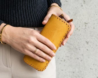 Handmade Leather Sunglasses Case, Hand Stitched Leather Glasses Sleeve, Mustard Yellow Eyeglasses Protector, Slim Leather Optics Case, Gift