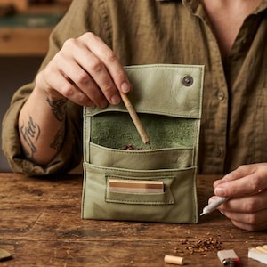 Puede incluir: Una bolsa de tabaco de cuero verde salvia con solapa plegable y cierre de botón a presión metálico, un compartimento interior para tabaco suelto y un pequeño bolsillo exterior con un paquete rectangular de papel de fumar.