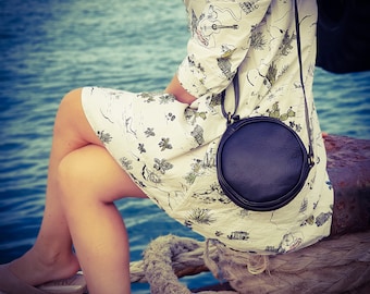 Round Leather Bag For Women/Small Shoulder Bag/Circle Crossbody Leather Bag/Black Round Leather Small Bag