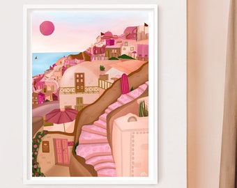 Santorini Art Print, Santorini Poster, Greece Print, Travel Art, Santorini In Pink, Pink Wall Art, Travel Poster, Greece Wall Art, Pink Art