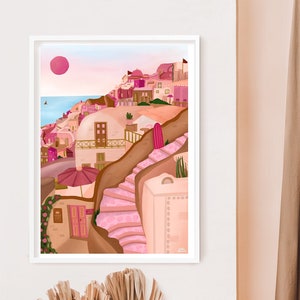Santorini Art Print, Santorini Poster, Greece Print, Travel Art, Santorini In Pink, Pink Wall Art, Travel Poster, Greece Wall Art, Pink Art