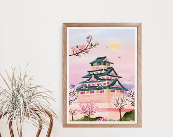 Osaka Castle, Japan Print, Illustrated Print, Travel Poster