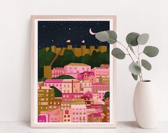 Lisbon wall art, Lisbon Print, Portugal Print, Pink City Print, Night Sky Print, Location Art, Travel Print, Starry Skies Print, Pink Art