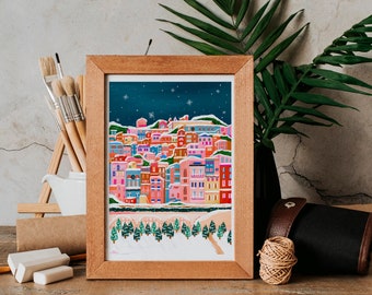Winter in Menton Print | France Artwork, Festive Print, Snow Scene
