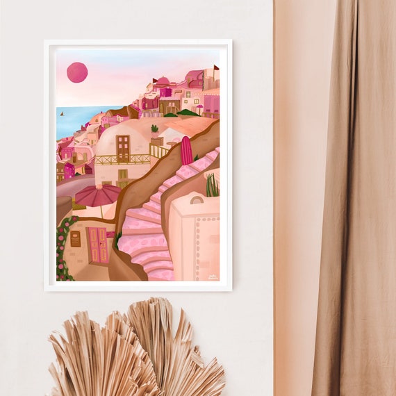 Santorini Art Print, Santorini Poster, Greece Print, Travel Art, Santorini In Pink, Pink Wall Art, Travel Poster, Greece Wall Art, Pink Art