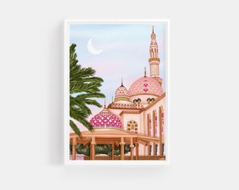 Dubai Nights Print, Jumeirah Mosque, Arabesque Architecture, Travel Prints,