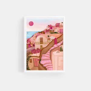 May include: A digital illustration of a pink and white village on a cliff overlooking the ocean. The village has a pink staircase leading up to the top of the cliff. The sun is setting in the background.