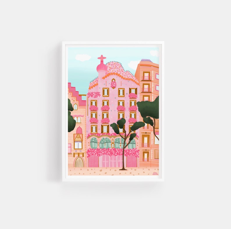 May include: A pink building with a cross on top, surrounded by trees and other buildings. The building has many windows and balconies, and the walls are decorated with pink flowers.