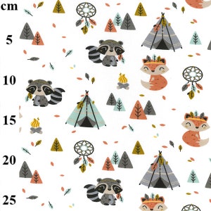 Camping racoons and foxes on White Jersey Knit Fabric