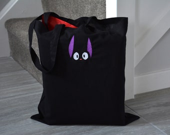 Cute Black Cat Peek-a-boo Halloween - Embroidered Cotton Reusable Bag For Life Tote bag, Anime, Kawaii, Japan, Witch, Animal, Kitten