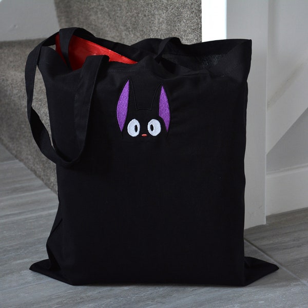 Simpatico gatto nero Peek-a-boo Halloween - Borsa riutilizzabile in cotone ricamato per la vita Borsa tote, Anime, Kawaii, Giappone, Strega, Animale, Gattino