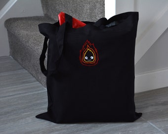 Cute Fire Flame - Embroidered Cotton Reusable Bag For Life Groceries Tote bag, Anime, Kawaii, Japan