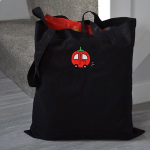Cute Tomato Car Boba - Embroidered Cotton Reusable Bag For Life Groceries Tote bag, Anime, Kawaii, Japan