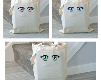 Anime Eyes - Embroidered Cotton Reusable Bag For Life Groceries Tote bag, Anime, Kawaii, Japan, Cute, Girls, Manga