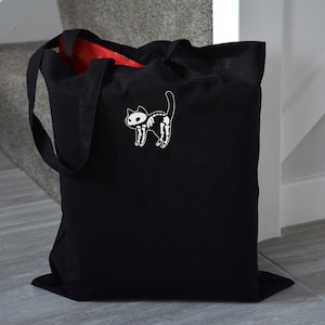 Hissing Skeleton Cat - Halloween Trick or Treat - Embroidered Cotton Reusable Bag For Life Tote bag, Anime, Kawaii