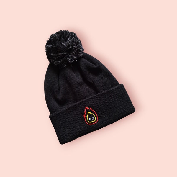 Cute Fire Flame (Snowball Style) - Embroidered Bobble Hat Beanie Kawaii, Anime, Japan, Alien