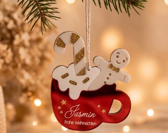 Personalisierter Weihnachtsanhänger Acryl, Schlitten oder Tasse mit Name