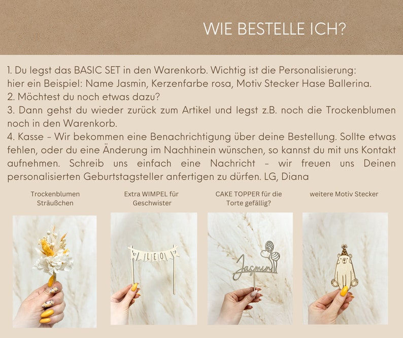 Personalisierter Geburtstagsteller hochwertig aus Holz m. Vase & Kerze, Name mit Wimpel, Geburtstagszug modern, Geburtstagskranz, Geschenk Bild 7