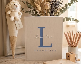 Personalisierte Zeugnismappe aus Leinen in A4 mit Name | Zeugnisordner Kinder | Einschulung Geschenk | Schulkind Erinnerung