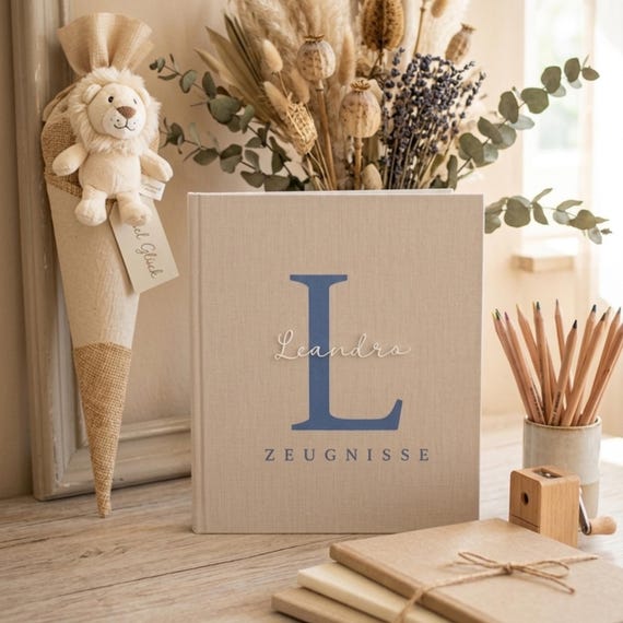 Personalisierte Zeugnismappe aus Leinen in A4 mit Name | Zeugnisordner Kinder | Einschulung Geschenk | Schulkind Erinnerung
