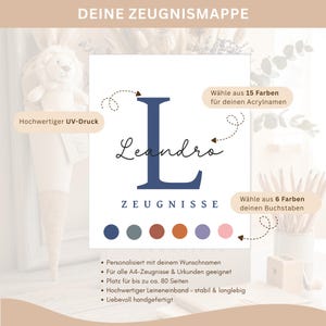 Pode incluir: Uma pasta retangular branca para certificados intitulada DEINE ZEUGNISMASSE, com uma letra L grande em azul escuro, o nome Leandro em letra cursiva e a palavra ZEUGNISSE abaixo. Inclui seis c&iacute;rculos coloridos e texto sobre impress&atilde;o UV, personaliza&ccedil;&atilde;o e capa de linho.
