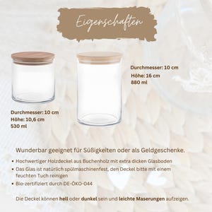 May include: Two clear glass jars with wooden lids. The jar on the left is 10 inches tall and holds 530 milliliters. The jar on the right is 16 inches tall and holds 880 milliliters. Both jars are ideal for storing sweets or as gifts.