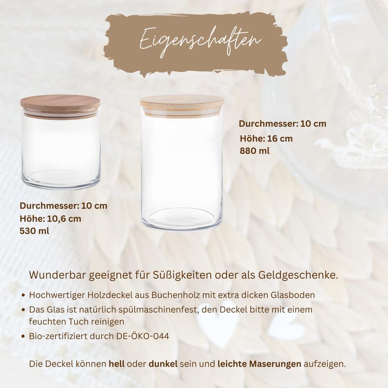 May include: Two clear glass jars with wooden lids. The jar on the left is 10 inches tall and holds 530 milliliters. The jar on the right is 16 inches tall and holds 880 milliliters. Both jars are ideal for storing sweets or as gifts.