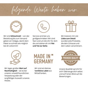May include: A graphic with text that reads "Made in Germany" and describes the company's values, including fast shipping, excellent customer service, high-quality products, and sustainability. The graphic also includes icons of a clock, a phone, a gift box, and a plant.
