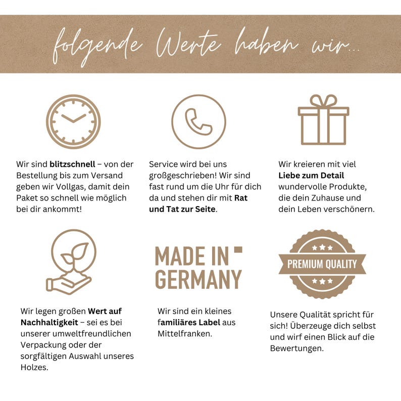 May include: A graphic with text that reads "Made in Germany" and describes the company's values, including fast shipping, excellent customer service, high-quality products, and sustainability. The graphic also includes icons of a clock, a phone, a gift box, and a plant.