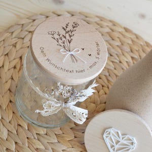Personalized glass storage jar with wooden lid, available in two sizes: 530 ml & 880 ml | Wedding gift for the newlyweds image 7