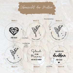 May include: A graphic showing six different designs for personalized wooden ornaments. The designs include a geometric heart, floral bouquets, and text that says "Gl&uuml;ck ist eine Mama" and "Unendlich dankbar".