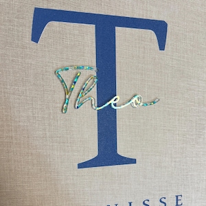 Pode incluir: Uma letra T mai&uacute;scula grande em azul escuro impressa num fundo de tecido bege. Sobreposta &agrave; letra est&aacute; uma etiqueta com o nome Theo em letra cursiva, feita de um material transparente com pequenas part&iacute;culas de purpurina multicolorida.