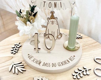 Personalisierter Geburtstagsteller aus Holz, Geburtstagszug, Geburtstagskranz, Geschenk Baby Geburtstag, Kerzenteller, Geschenk zur Taufe