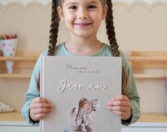 Personalisierte Zeugnismappe aus Leinen in A4 mit Name | Zeugnisordner Kinder | Einschulung Geschenk | Schulkind Erinnerung