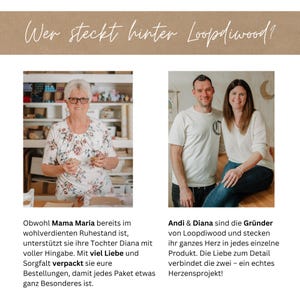 May include: A photo of two women and a man, the founders of Loopdiwood, a company that makes handcrafted wooden toys. The women are smiling and looking at the camera. The man is looking at the camera and smiling. The text "Wer steckt hinter Loopdiwood?" is at the top of the image. The text "Obwohl Mama Maria bereits im wohlverdienten Ruhestand ist, unterst&uuml;tzt sie ihre Tochter Diana mit voller Hingabe. Mit viel Liebe und Sorgfalt verpackt sie eure Bestellungen, damit jedes Paket etwas ganz Besonderes ist." is on the left side of the image. The text "Andi & Diana sind die Gr&uuml;nder von Loopdiwood und stecken ihr ganzes Herz in jedes einzelne Produkt. Die Liebe zum Detail verbindet die zwei - ein echtes Herzensprojekt!" is on the right side of the image.