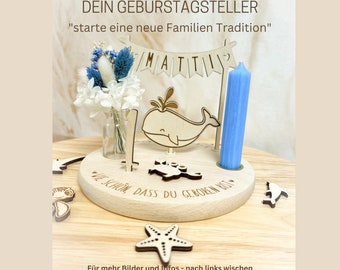 Hochwertiger Personalisierter Geburtstagsteller aus Holz mit Vase und Kerze, Name mit WIMPEL Geburtstagstafel, Geburtstagskranz, Tischdeko